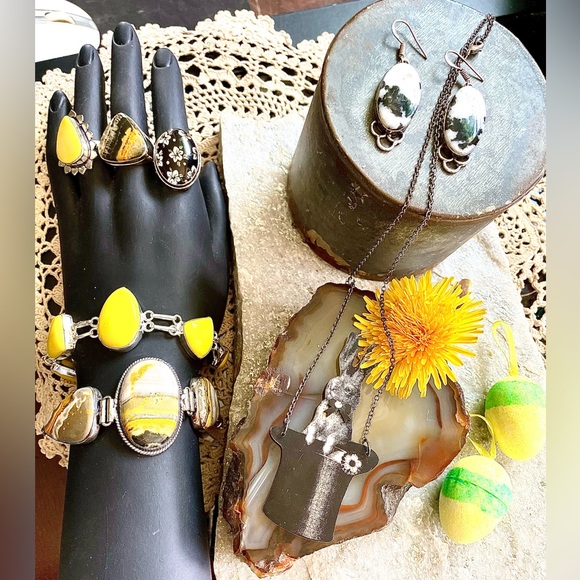 Spectacular 925 Fall Jewelry Yellow Turquoise Bumblebee Sterling Jewelry VTG - Picture 6 of 16